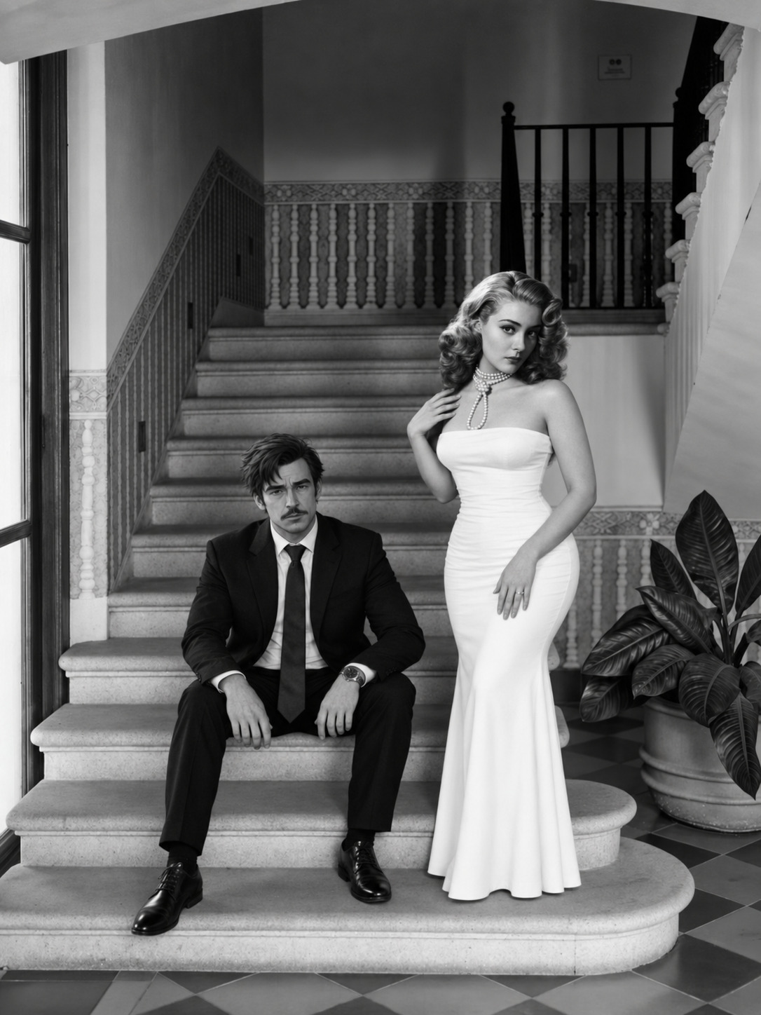 Pareja elegantemente vestida en una escalinata de piedra; él viste traje oscuro y ella un vestido blanco sin tirantes